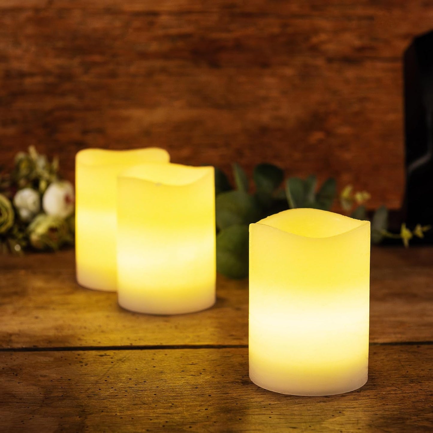 Sæt LED-lys (8 stk.) – 7,5 x 10 cm, Cremefarvet, Fremstillet af Ægte Voks, med Blinkende Flamme og Timerfunktion