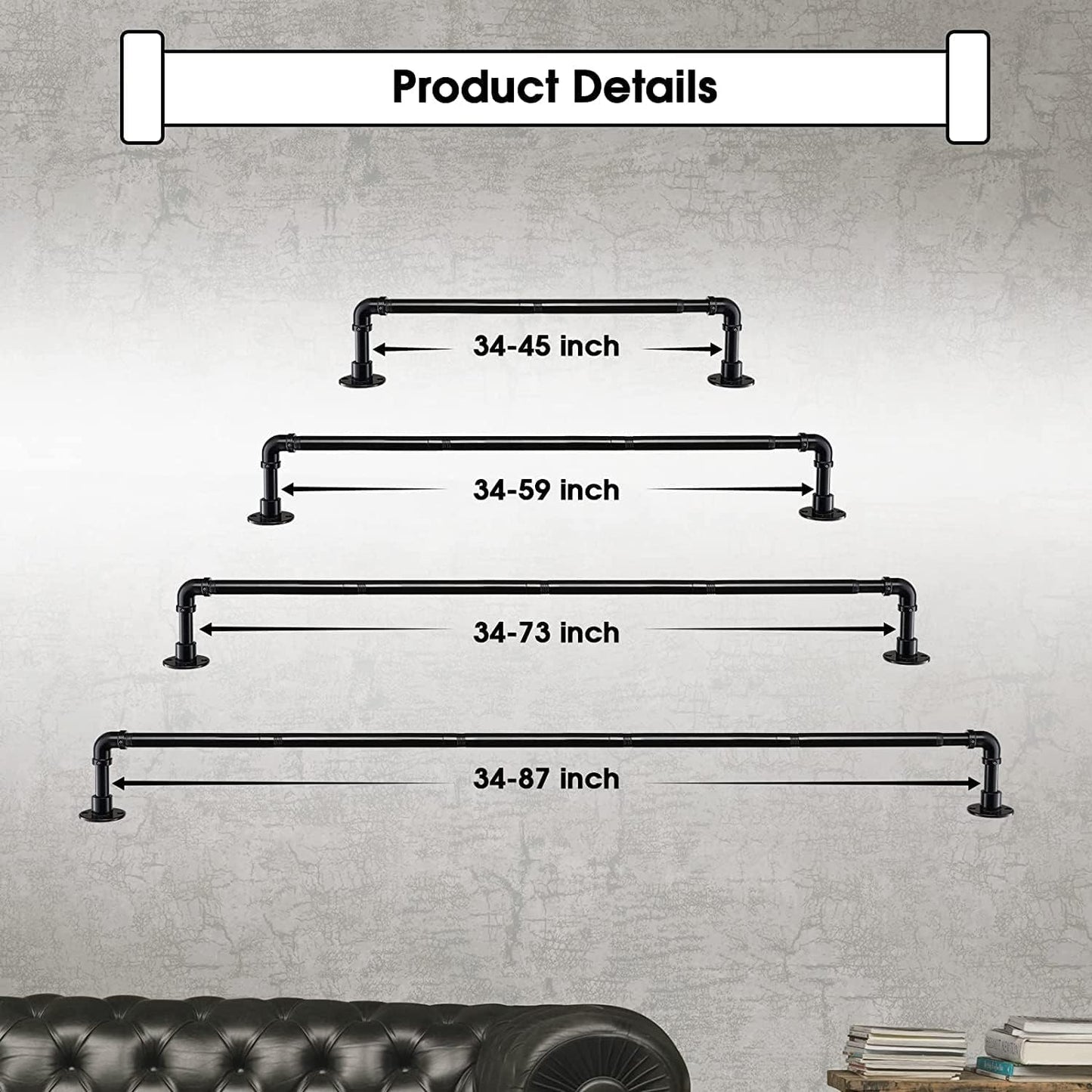 Gardinstang i industriel stil 81–144 cm – sort, rustfrit stål