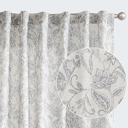 Vorhänge in Leinenoptik, Blumenmuster 140x145 cm grau