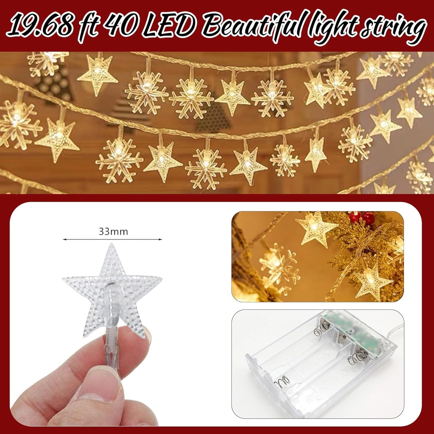 6-meter LED string lights with snowflakes and stars – warm white, battery-powered, for indoor and outdoor use