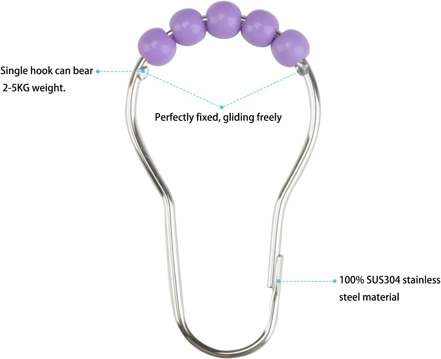 Metal shower curtain rings in light purple