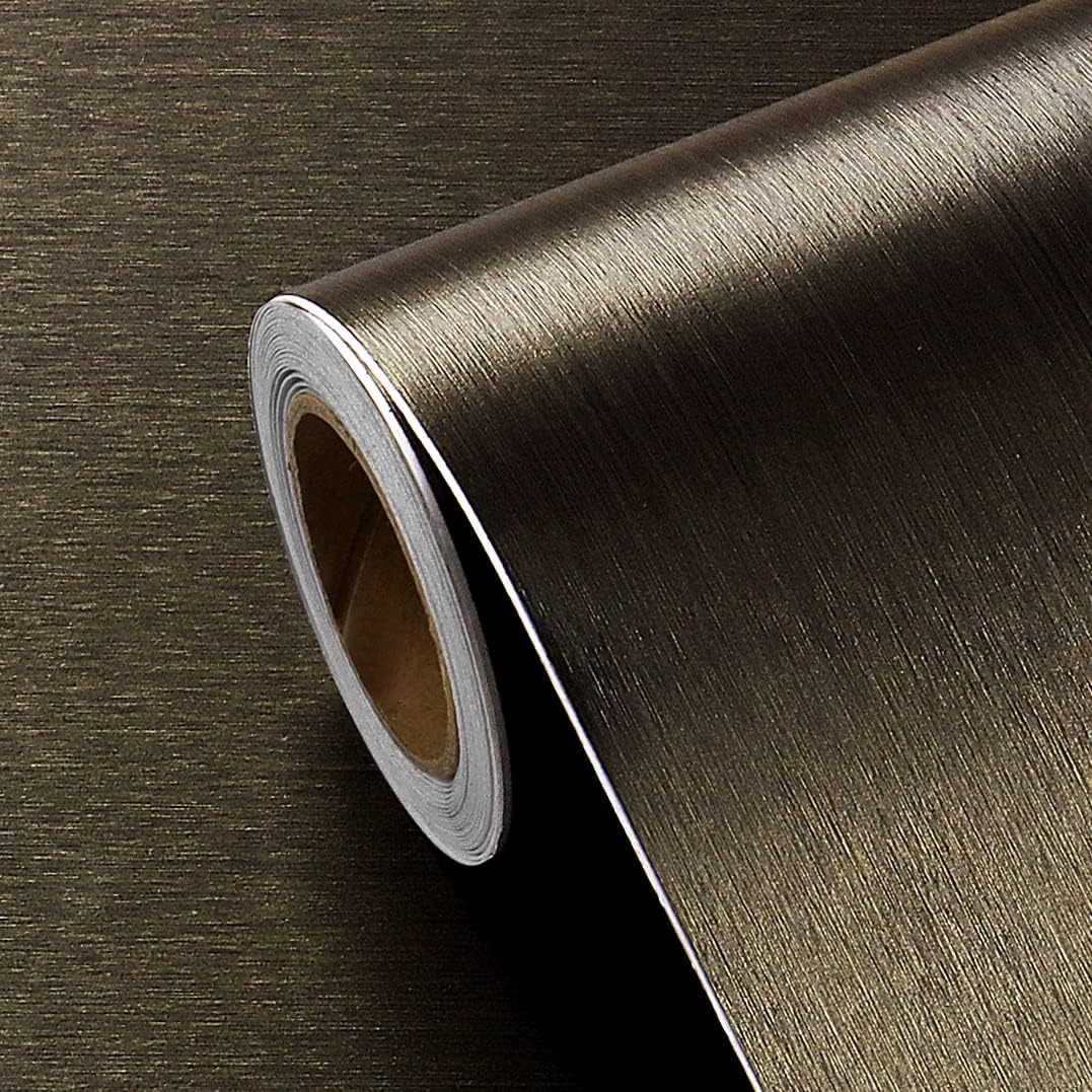 Rudos spalvos metalinio atspalvio dekoratyvinė lipni plėvelė 40 cm x 6 m – vinilo plėvelė su nerūdijančio plieno efektu, skirta baldams ir darbo paviršiams, atspari vandeniui ir plaunama