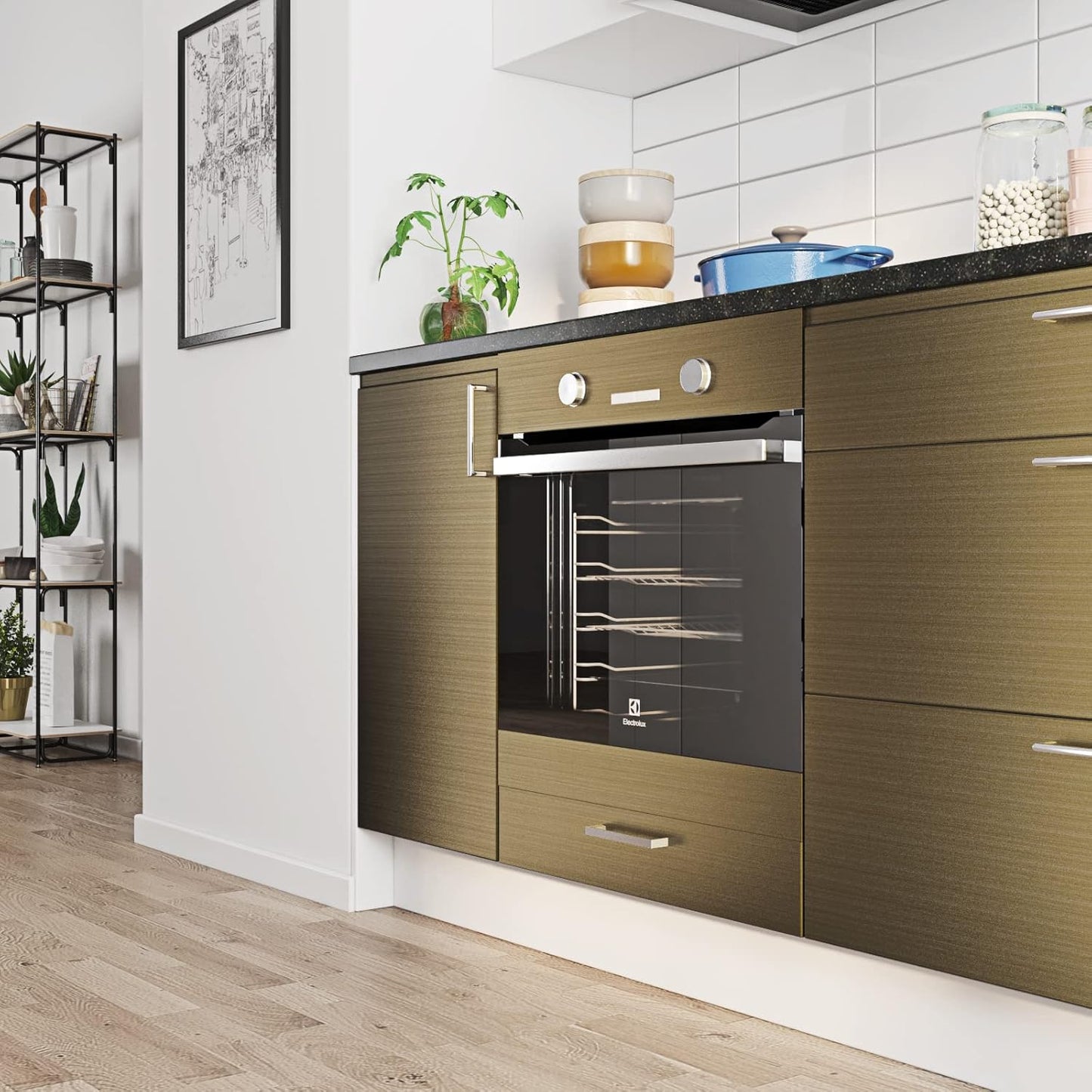 Rudos spalvos metalinio atspalvio dekoratyvinė lipni plėvelė 40 cm x 6 m – vinilo plėvelė su nerūdijančio plieno efektu, skirta baldams ir darbo paviršiams, atspari vandeniui ir plaunama