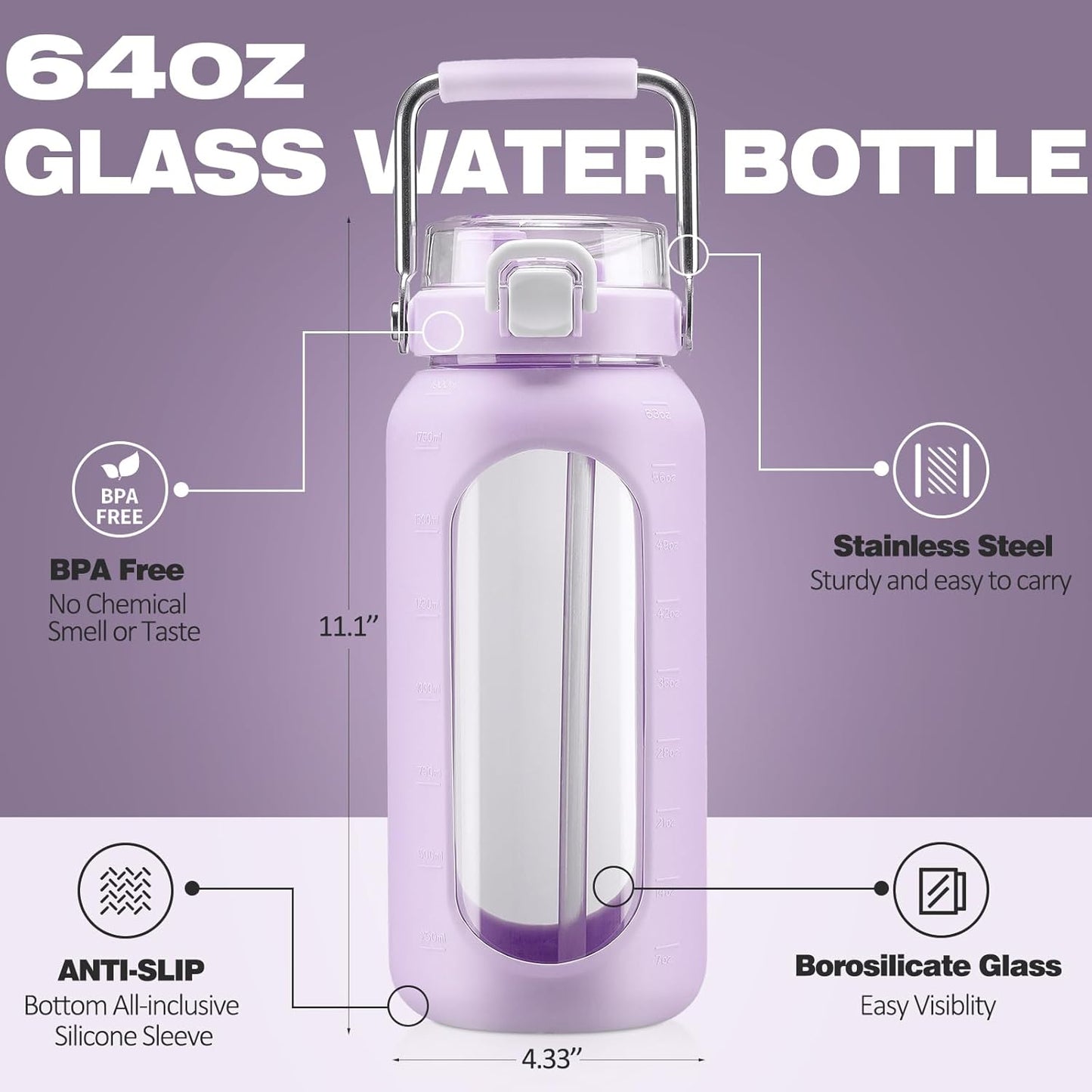 Drikkeflaske af glas med håndtag af rustfrit stål og sugerør – lilla, 1900 ml