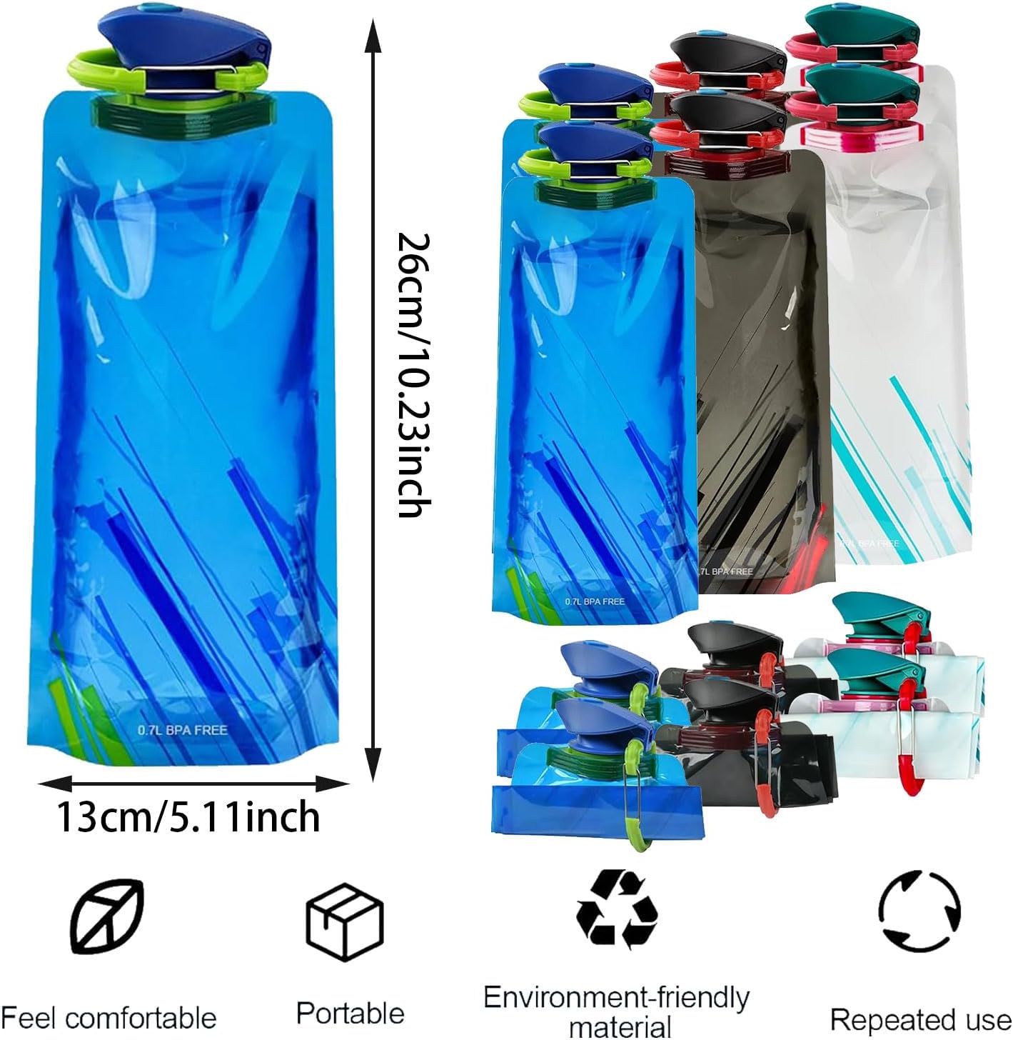 Kokkuvolditavad joogipudelid 700ml, 6 tk