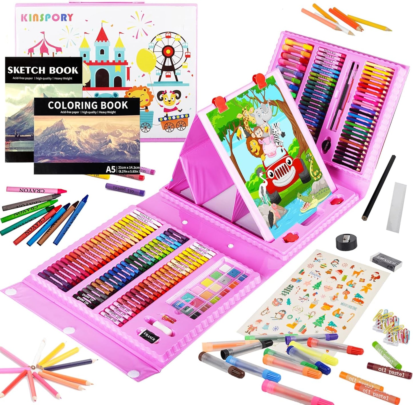 Art Supplies Set for Kids – Pink Drawing and Coloring Case with a Double-Sided Easel, 290 Pieces