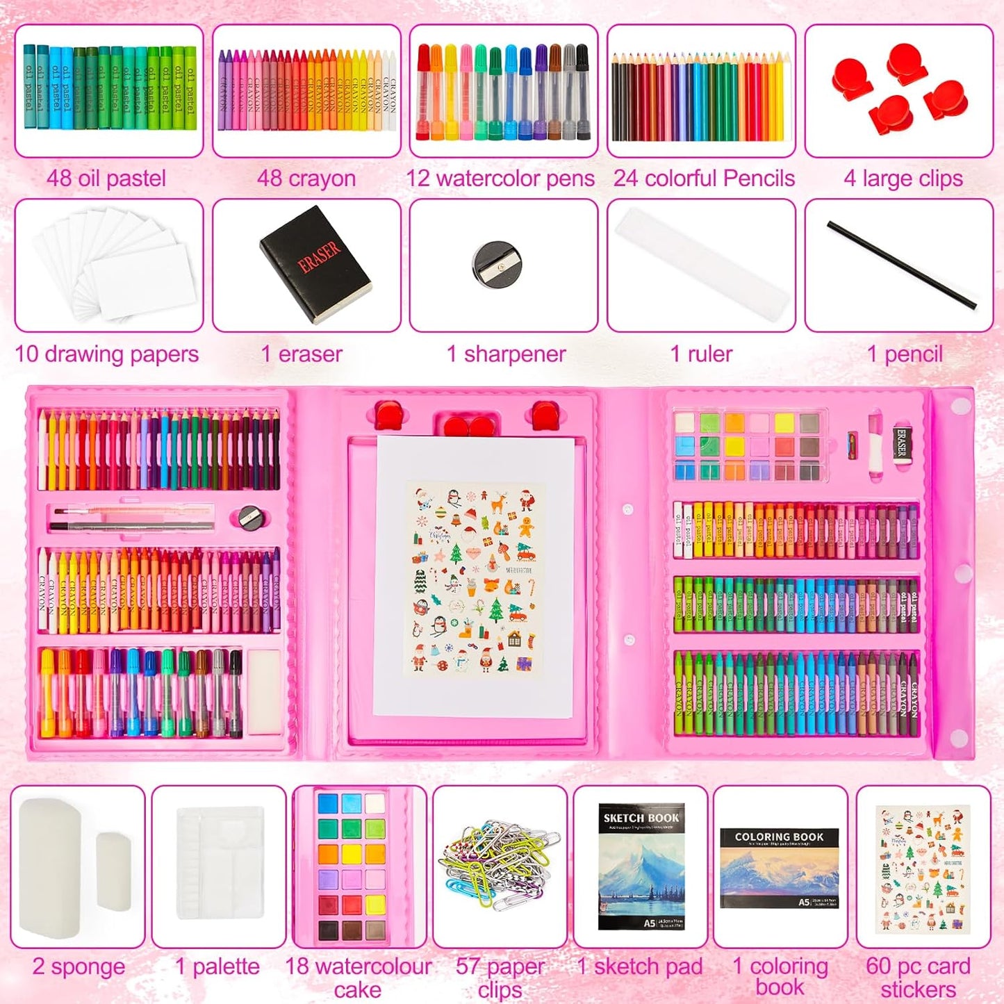 Art Supplies Set for Kids – Pink Drawing and Coloring Case with a Double-Sided Easel, 290 Pieces