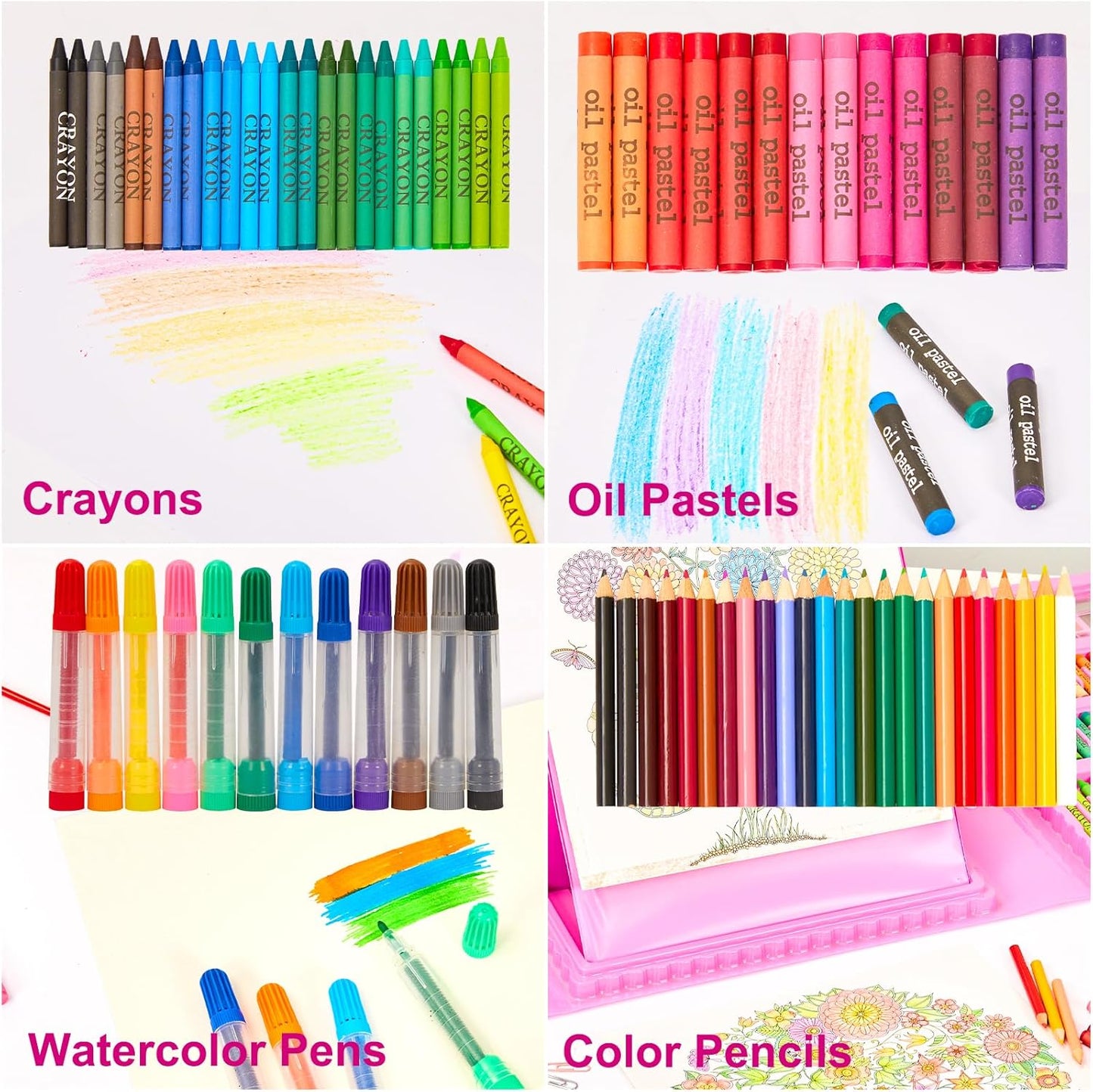 Art Supplies Set for Kids – Pink Drawing and Coloring Case with a Double-Sided Easel, 290 Pieces