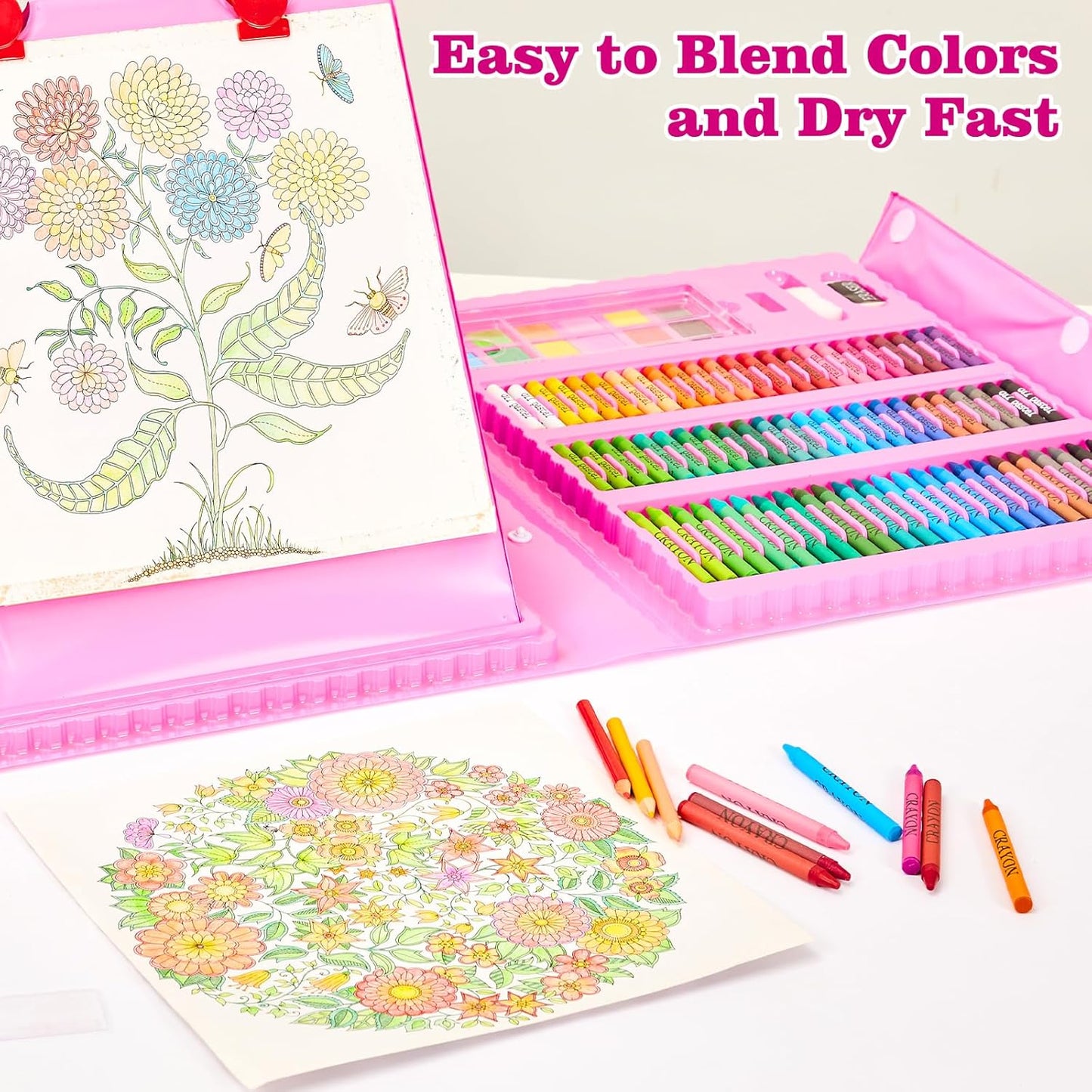 Art Supplies Set for Kids – Pink Drawing and Coloring Case with a Double-Sided Easel, 290 Pieces