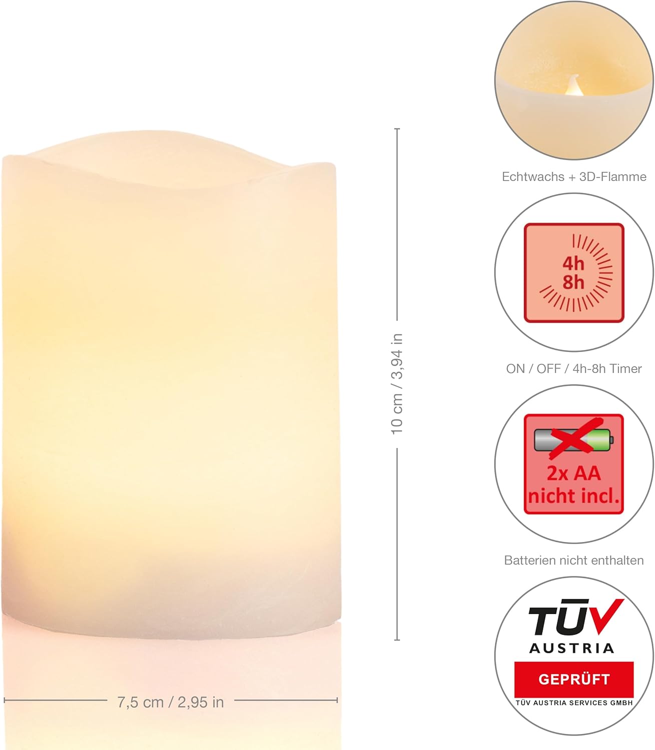 LED-ljussats (8 st) – 7,5 x 10 cm, krämfärgade, med realistiskt vaxutseende, blinkande låga och timerfunktion