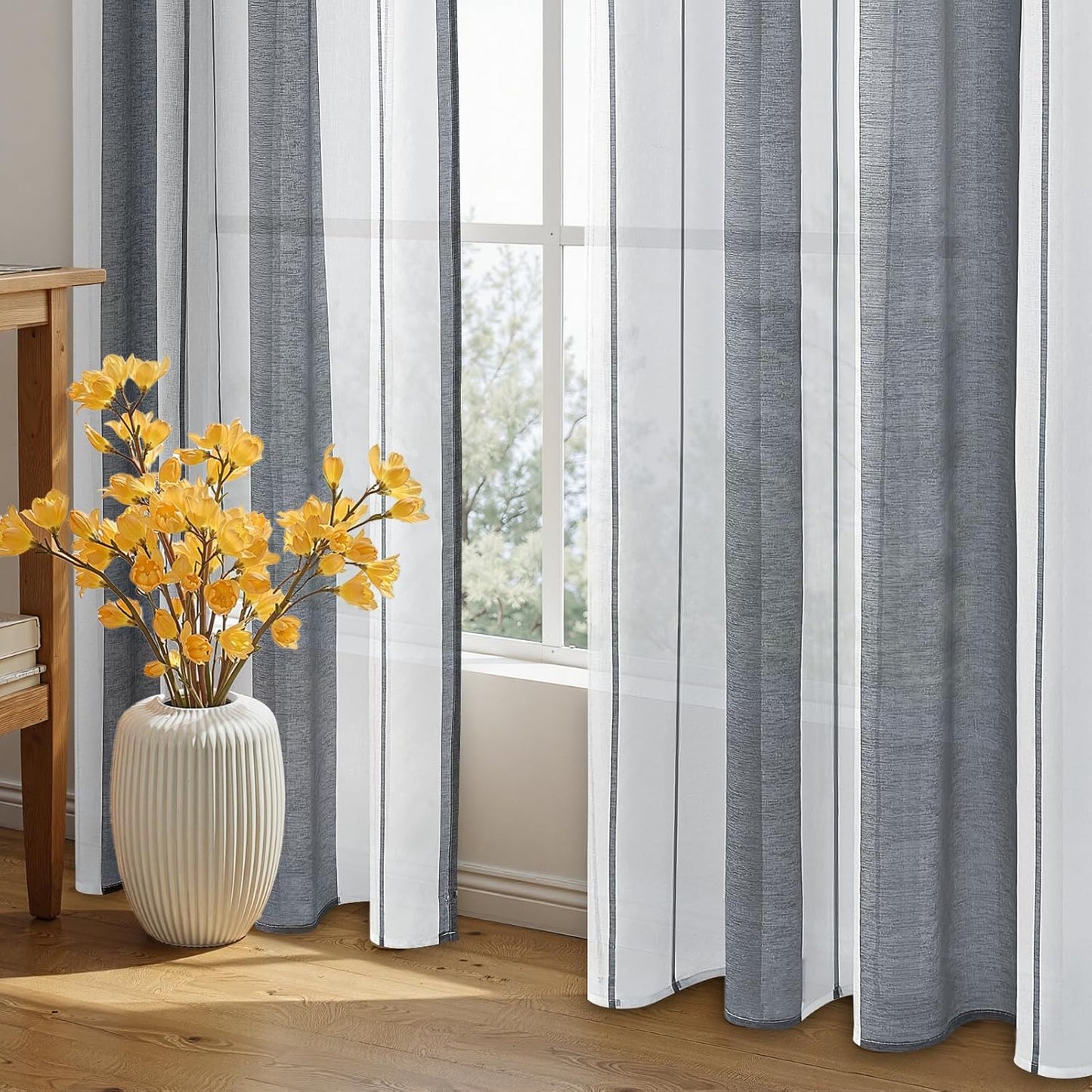 Semi-transparent striped curtains, white/gray, 225 x 140 cm, set of 2