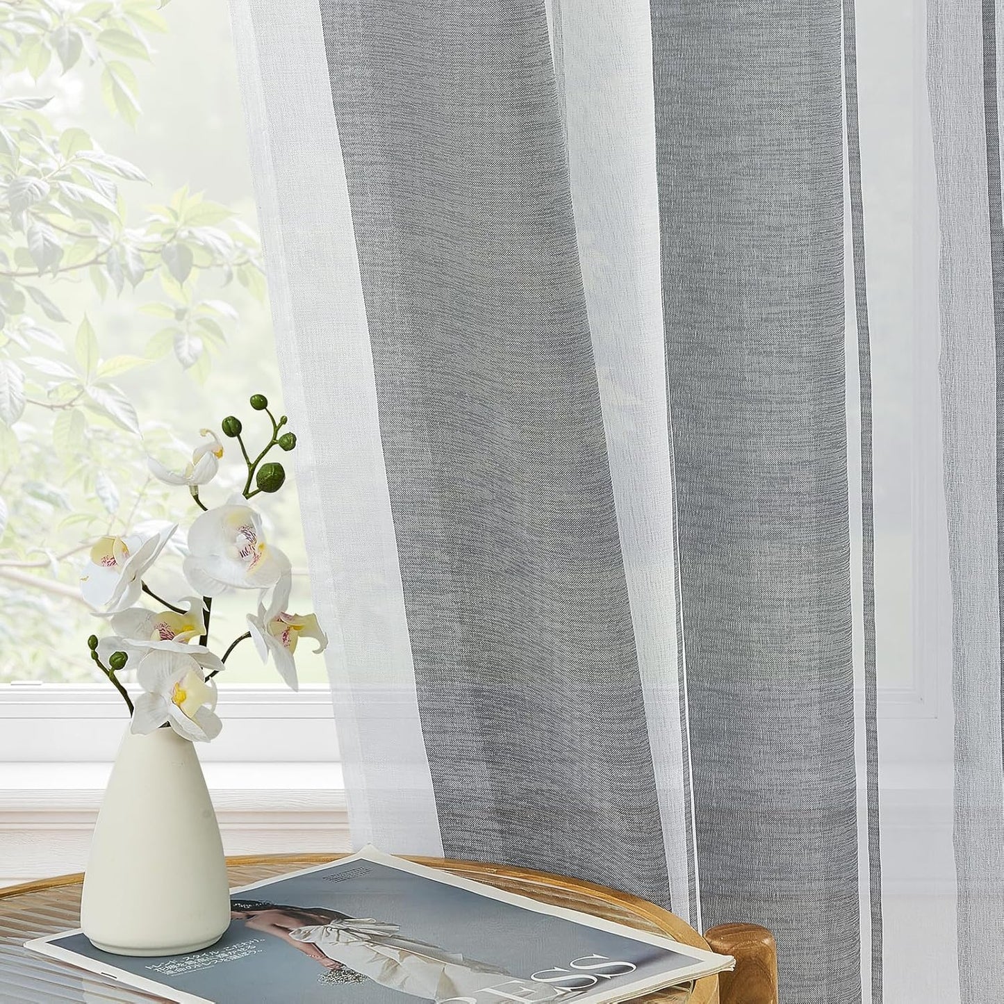 Semi-transparent striped curtains, white/gray, 225 x 140 cm, set of 2