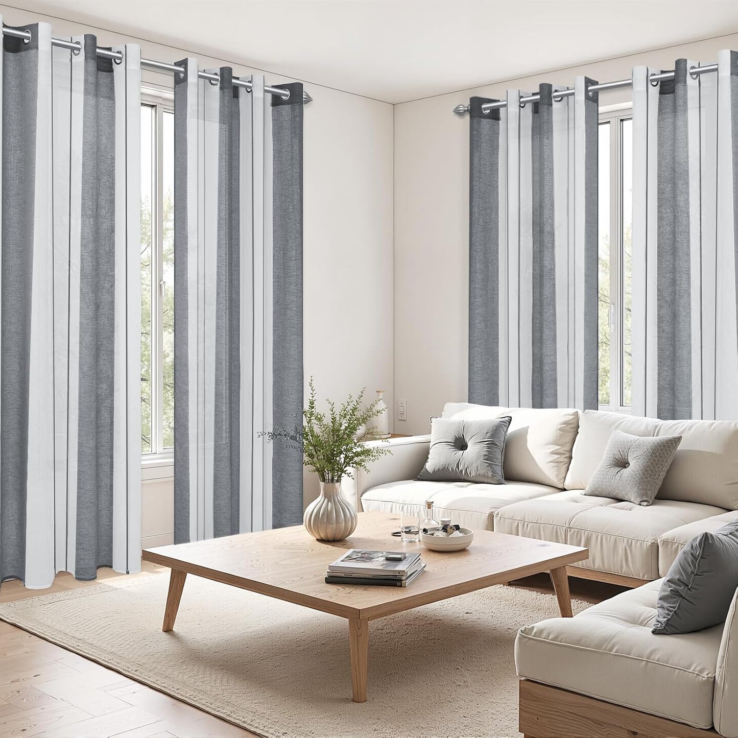 Semi-transparent striped curtains, white/gray, 225 x 140 cm, set of 2