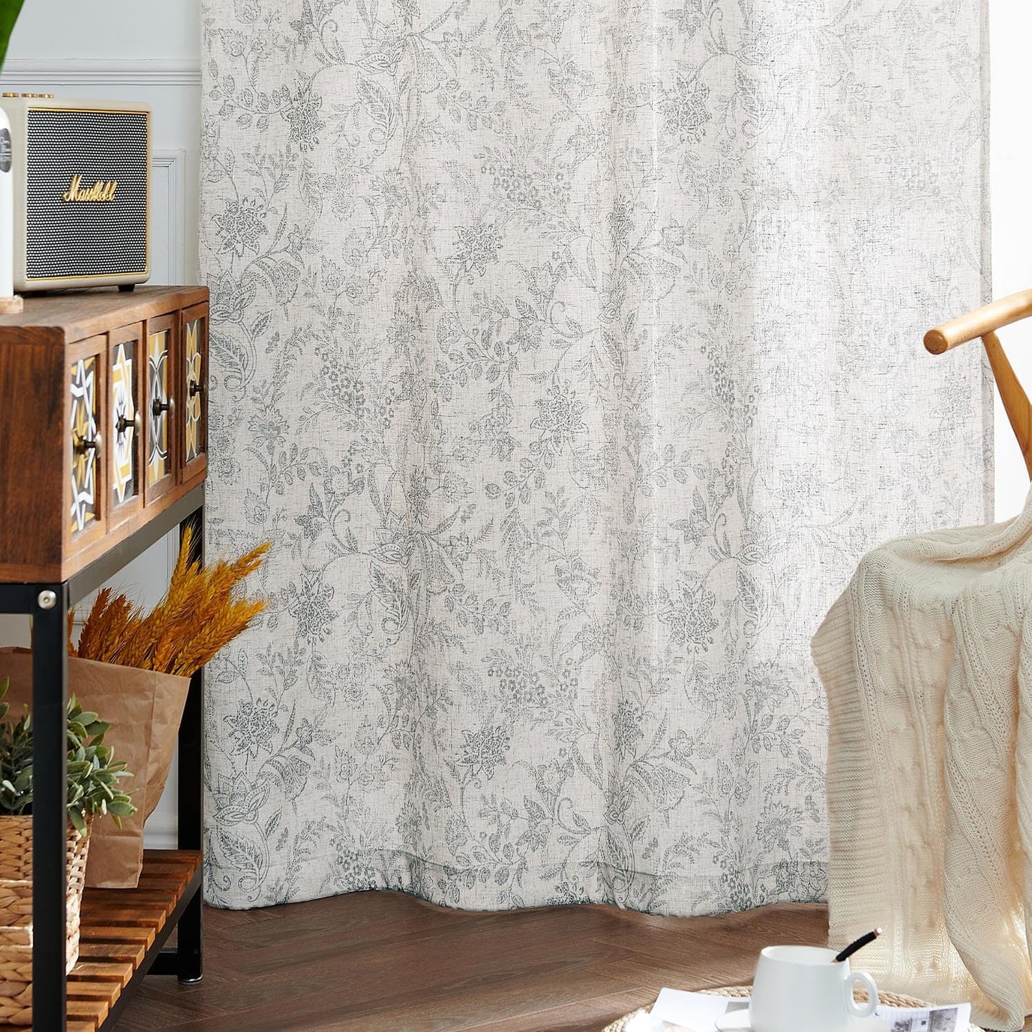 Linen-look curtains, floral pattern, 140x145 cm, gray