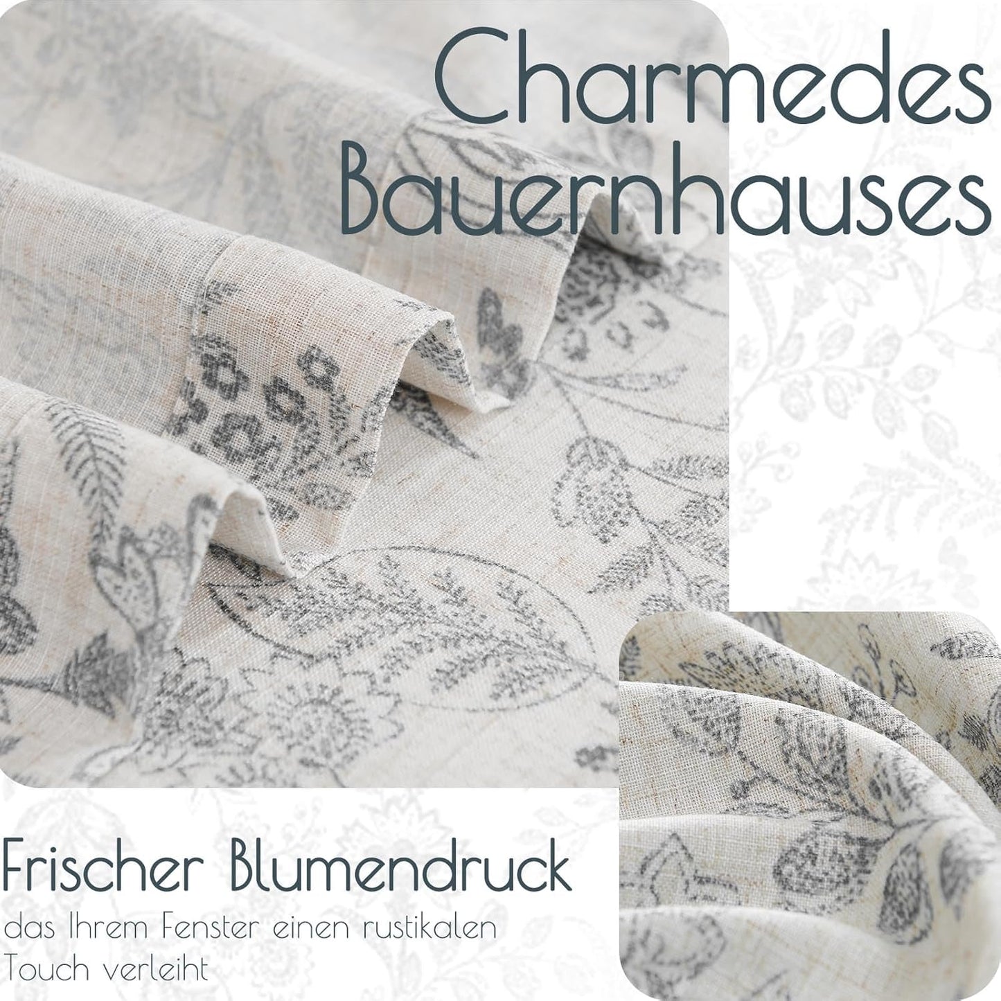 Linen-look curtains, floral pattern, 140x145 cm, gray