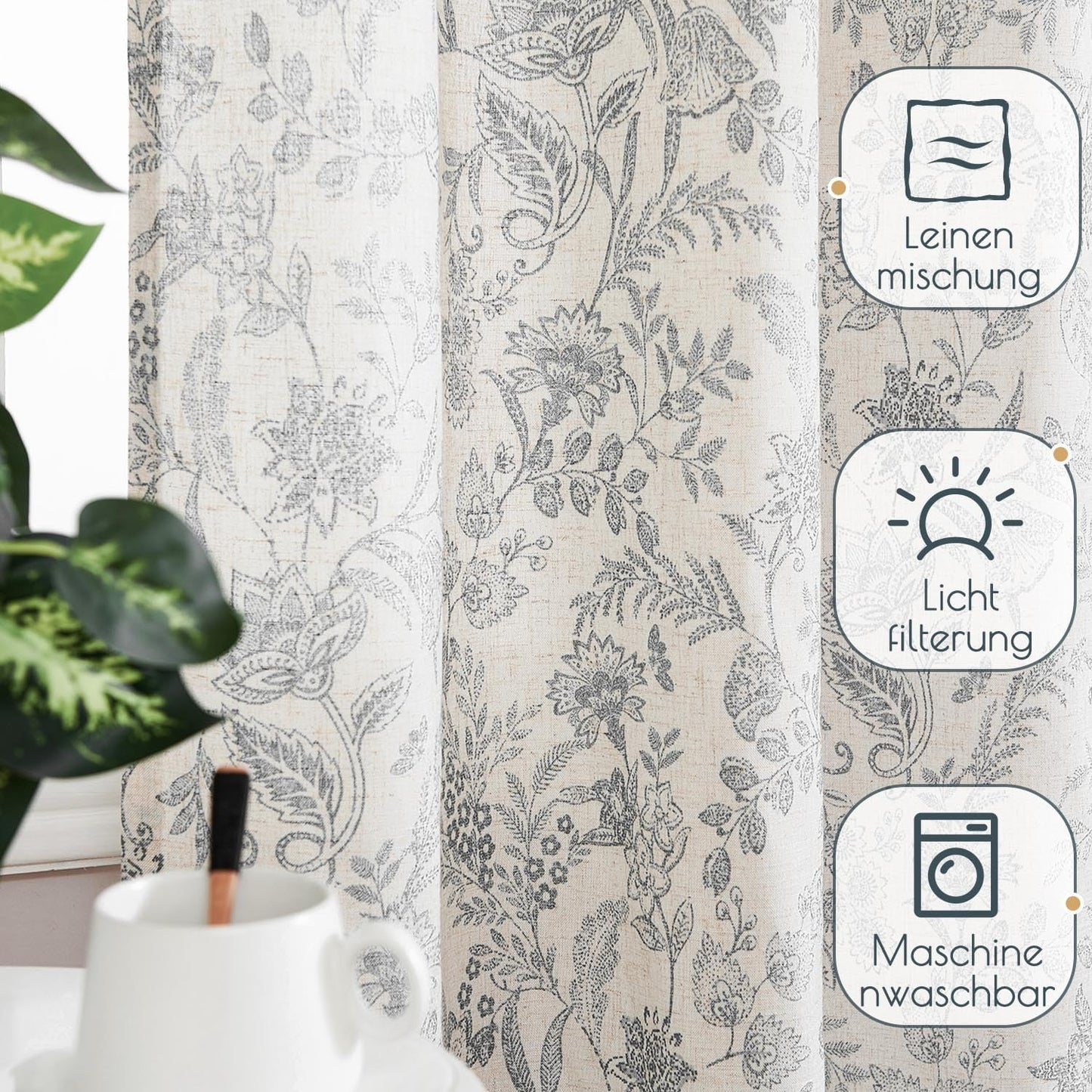 Linen-look curtains, floral pattern, 140x145 cm, gray