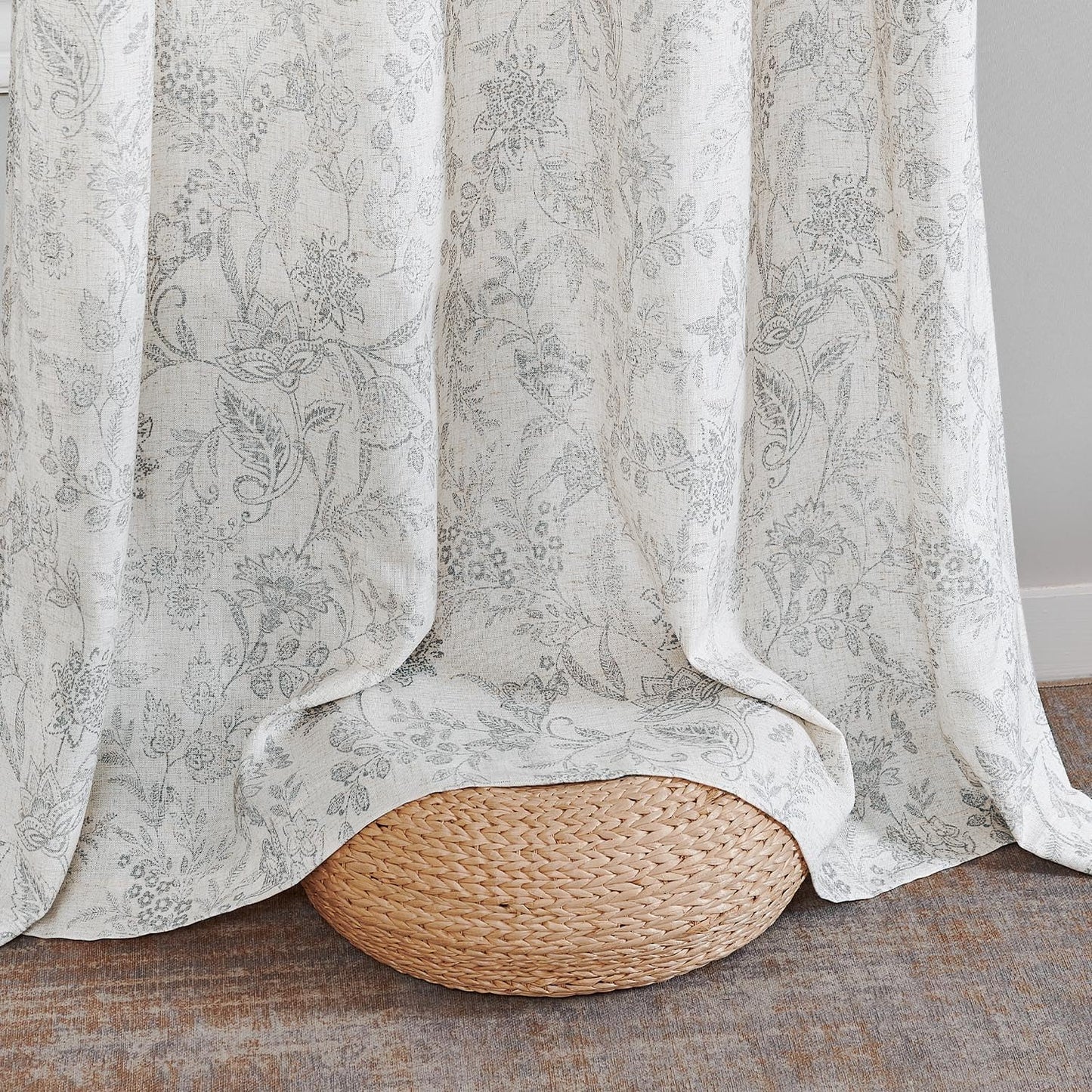 Linen-look curtains, floral pattern, 140x145 cm, gray