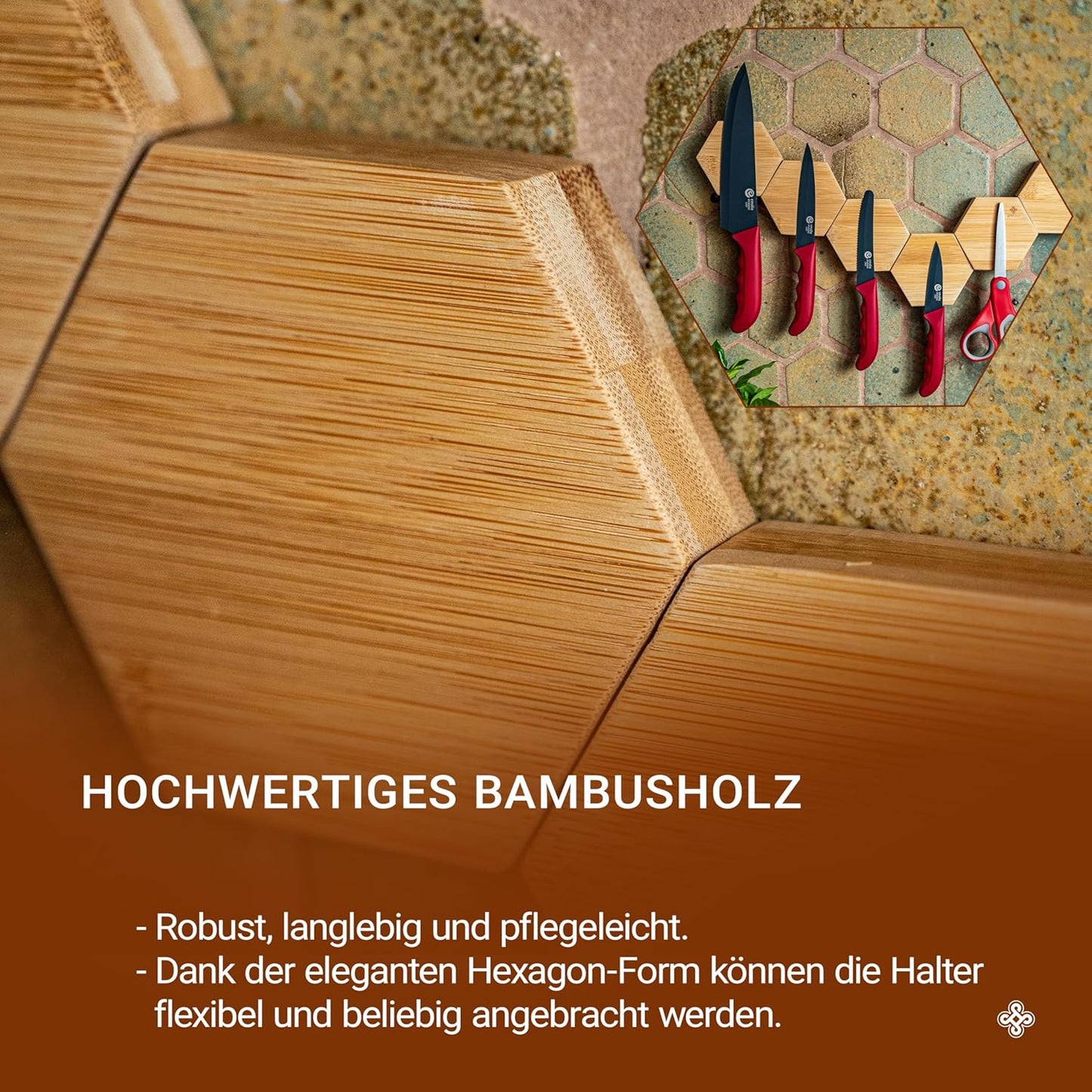 Magnetische Messerleiste – Sechseckiger Bambus-Messerhalter mit starkem Magneten, zur Befestigung an Wand oder Kühlschrank