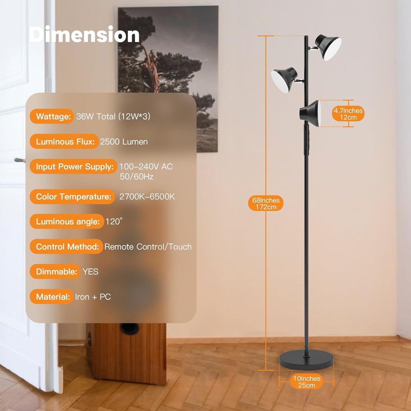 Dimmerdatav LED-põrandalamp 2700K–6500K, pööratavate peadega