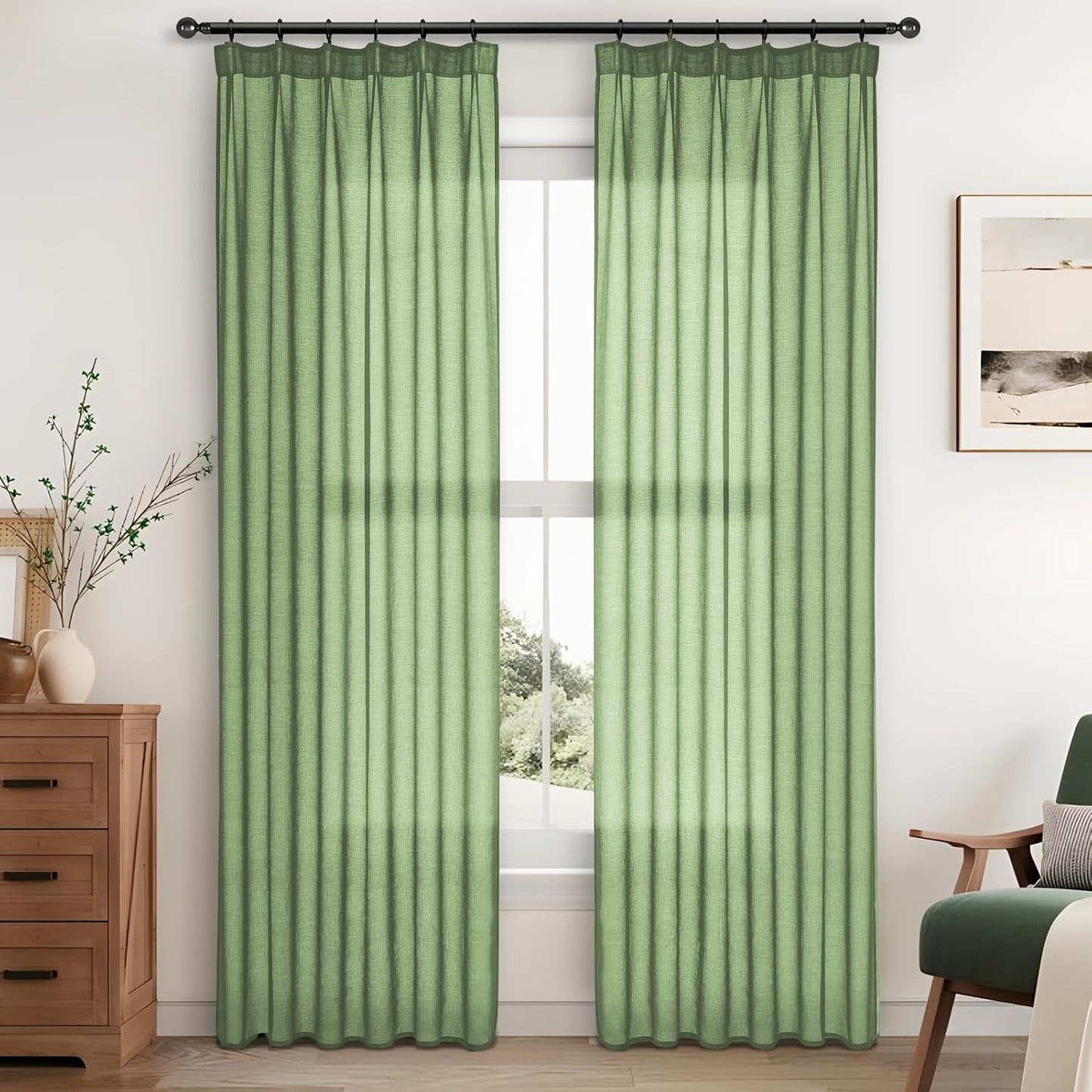 Rohelised kardinad linase välimusega, kurrutuspaelaga 250x140 cm