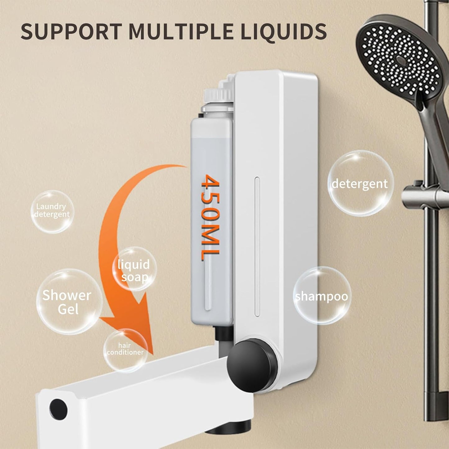 Wall-mounted soap dispenser, 3 x 450 ml shower gel, shampoo