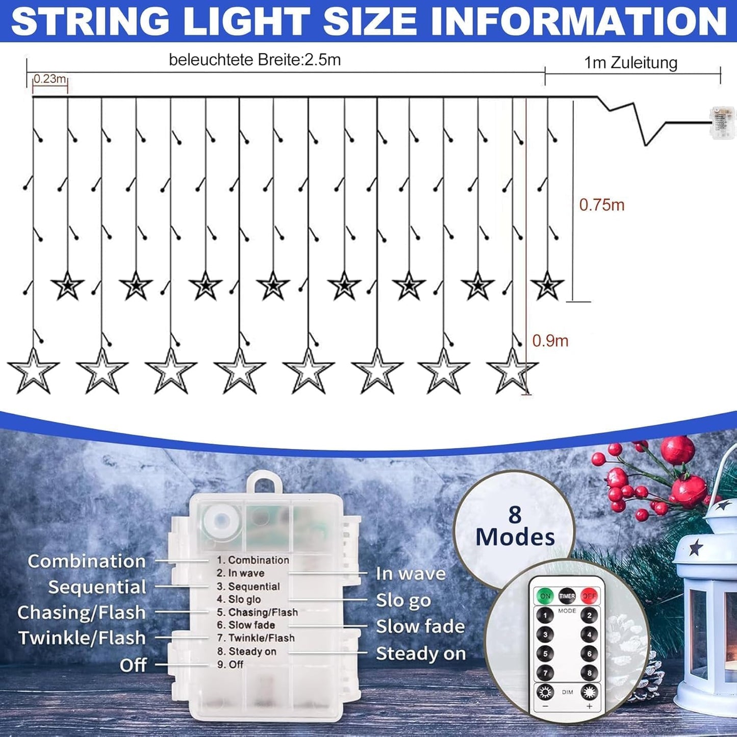 LED-stjärnremsa för fönster – julbelysning med stjärnor, batteridriven LED-ljusslinga, IP44, energiklass E