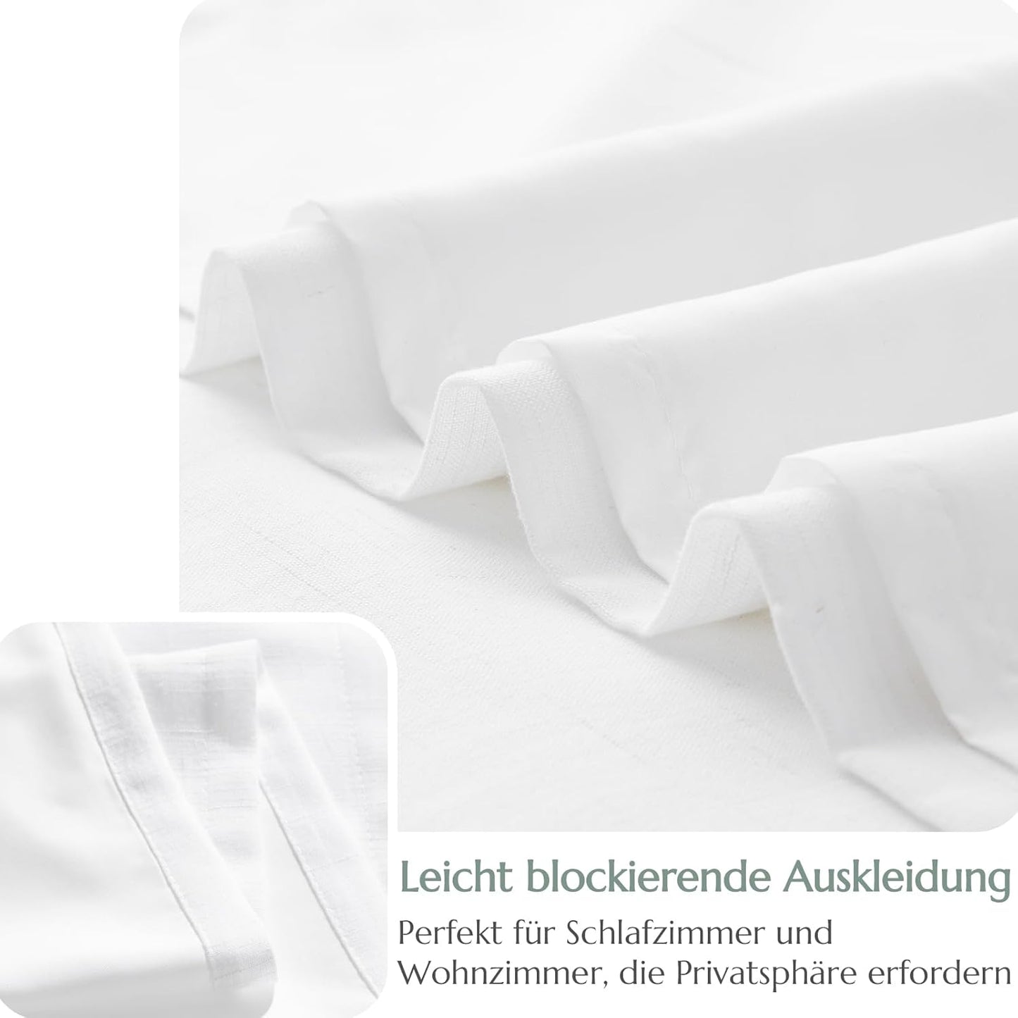 Linnegardiner 175 cm – 2 paneler, vita, ljusgenomsläppliga gardiner med foder till vardagsrummet och sovrummet